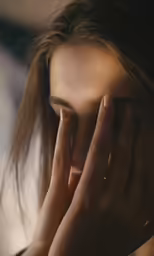 the female is holding her hands against her face