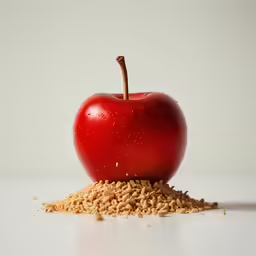 an apple sits atop seeds on a white surface