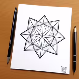 a pen is laying next to some black and white drawings,a pen and some papers sitting on top of a table,pen and paper drawing of a star like object,a drawing on paper with two pens next to it,an ink drawing of a geometric star