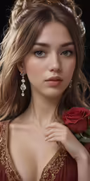 a women with blonde hair and big breast holding a flower