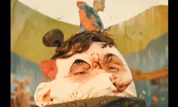 a man with painted makeup in front of a mural