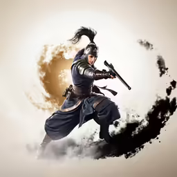 a woman wearing medieval armor is running through smoke