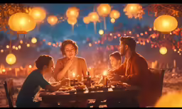 a group of people standing around a table covered in candles