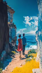 the man and woman are walking along side a cliff
