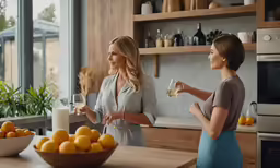 two woman smiling and drinking wine while standing in the kitchen
