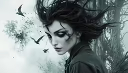 a woman with her hair blowing in the wind