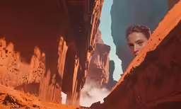 a boy looks down from a cliff in an alien planet