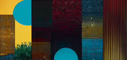 art installation, colorful shapes on wall, with tree in foreground,a wall with an array of small squares on it