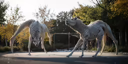 two white horses near each other with trees in the background