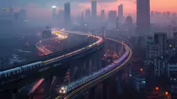 a train is traveling down some tracks by a city,a large long train on a steel track in a city