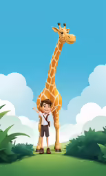 the boy is standing with his arms crossed near the giraffe
