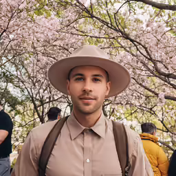 a man with a hat on standing in front of a tree