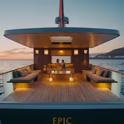 the inside of a boat with wooden decks and couches