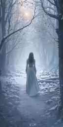 a young girl in a white dress is walking through a forest