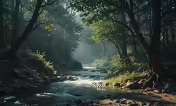 the sun shining through the trees onto a river