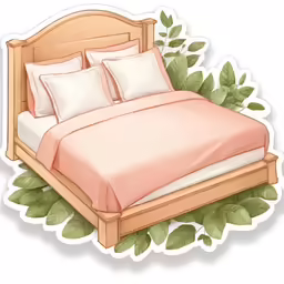 a wood bed with white pillows and peach covers