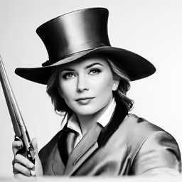 a woman wearing a black hat is holding a gun