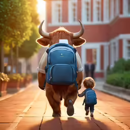 a small boy walking behind a bull wearing a backpack