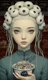 a woman is holding a bowl with some hair