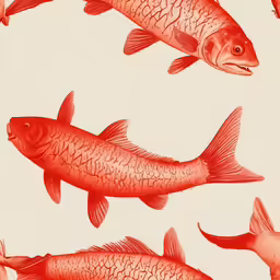 an old - fashioned fish design for wallpaper that shows five goldfishs, one brown and one blue