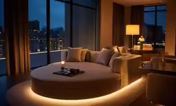 a living room with large windows and a big white couch