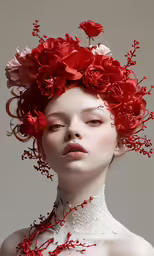 the model is wearing red flowers on her head