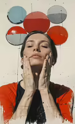 a woman has her eyes closed with colorful circles over her head