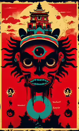 a poster with an asian design and a demon on it