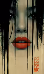 a painting of an alien looking woman with red lips