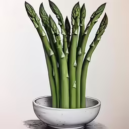 a drawing of a bowl containing stalks of green bean sprouts