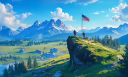 two people stand on top of a hill and look at the landscape