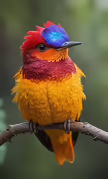an orange and yellow bird with blue spots on its head