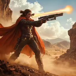 a woman with a rifle and cape standing in a rocky desert