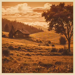 an old farm house in a grassy field,a beautiful sunlit landscape on an autumn afternoon