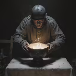 an old man in a helmet lighting a candle