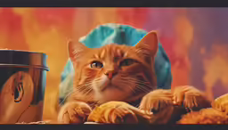 an orange cat has a brown teddy bear nearby