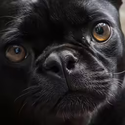 a close up of a black dog with a surprised look