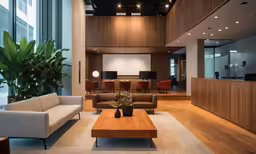 an office with couches, chairs, and tables