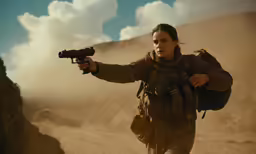 a woman holding a handgun in the desert