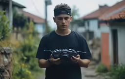 the man is holding something in his hands