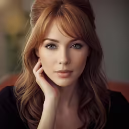 a woman with red hair looking ahead and posing for the camera