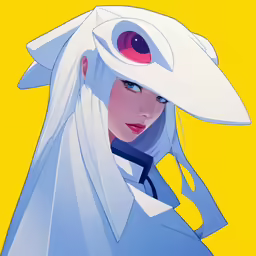 a cartoon woman with white hair, wearing a big hat and holding scissors