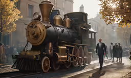 an old fashioned train on display with a crowd walking by