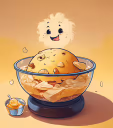 there is a cartoon photo of a bowl of food,a bowl filled with bread and a chicken on top of it