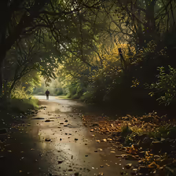 a man walks along the empty road with dark green trees