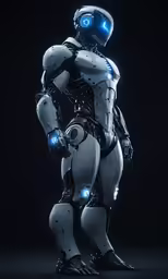 an artificial humanoid that is standing with glowing eyes