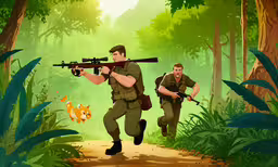 two men wearing military uniforms, one with a rifle and the other carrying an insect,two men running in the woods with rifles