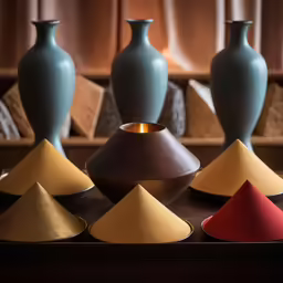 a row of vases, one blue and one red, sit in front of other vases