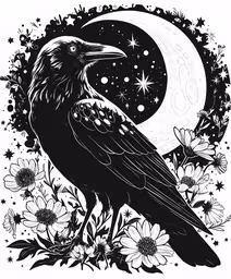 a crow sitting on the branch with flowers and moon in background,a crow sits on a branch with the moon in the background