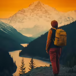 the man with a backpack is looking down at the mountain
